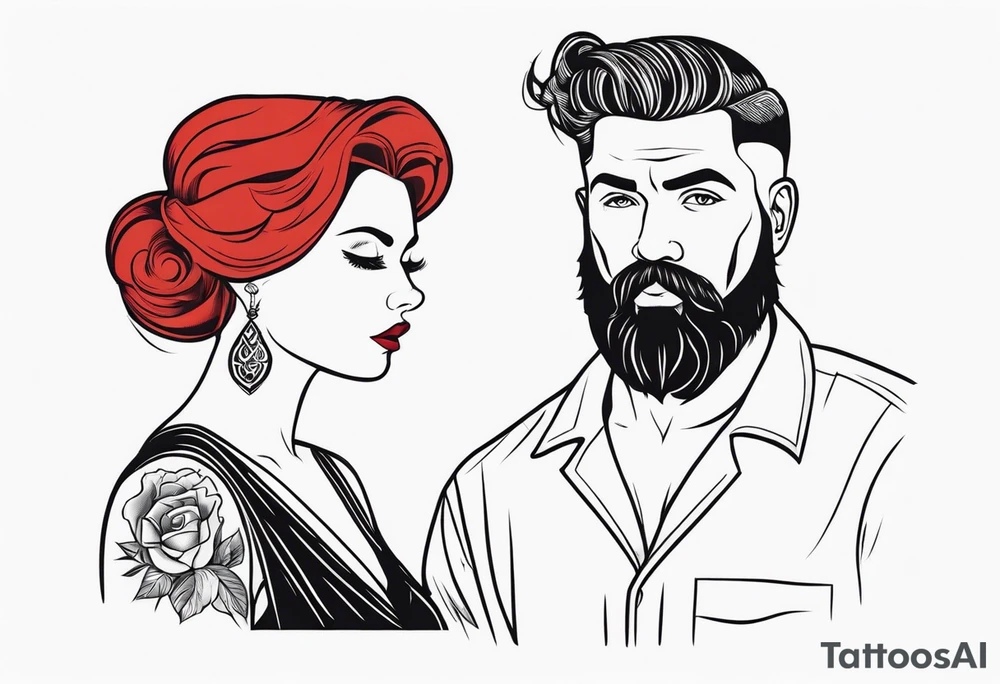 Busty Red haired woman with black haired bearded man tattoo idea