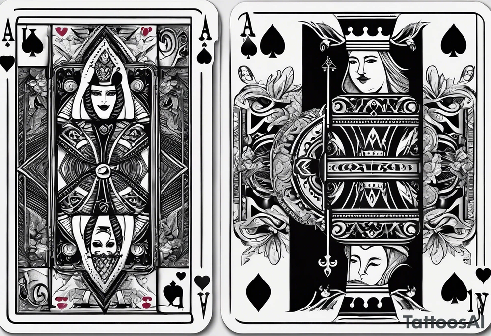 one playing card with both queen of hearts and king of spades incorporated in extreme minimalistic  style tattoo idea