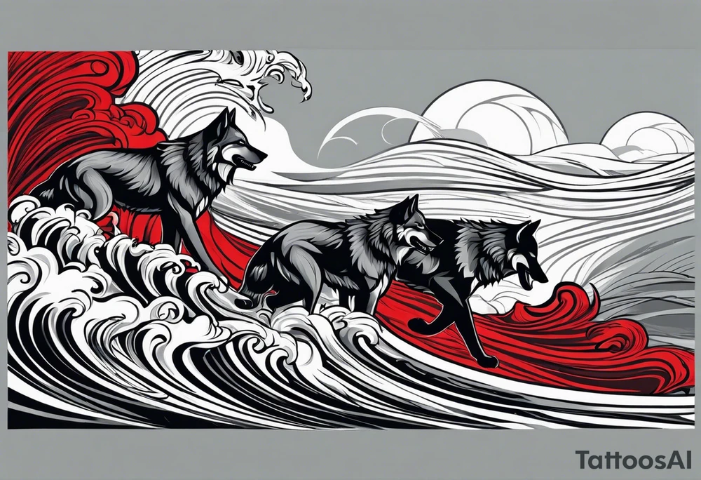 a pack of 3 howling muscular  gray wolves surfing waves with a linear background with red, white and black and gray including the word Howler in an aggressive script font tattoo idea