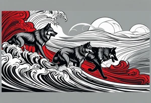 a pack of 3 howling muscular  gray wolves surfing waves with a linear background with red, white and black and gray including the word Howler in an aggressive script font tattoo idea