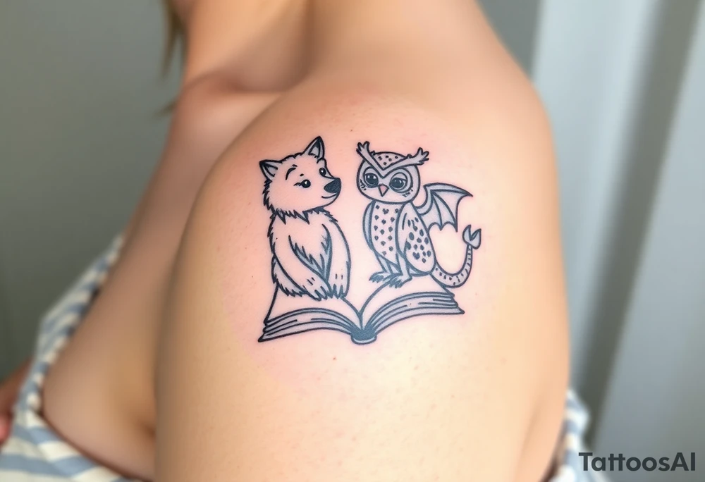 An open book with a werewolf, an owl & a dragon tattoo idea