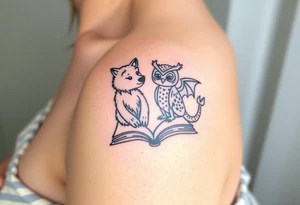 An open book with a werewolf, an owl & a dragon tattoo idea