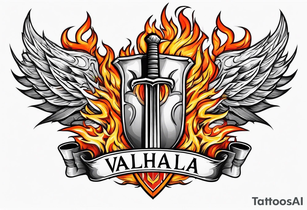 Valhalla on  fire shield sword tattoo idea