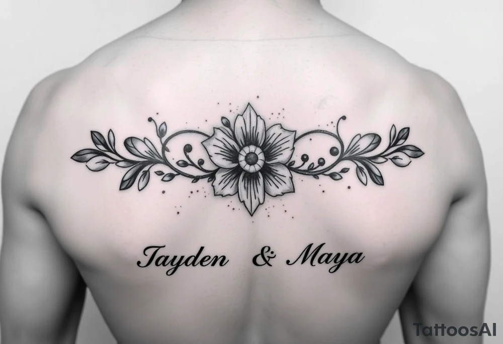 January December july birth Flower infinity sign and the names Jayden and Maya tattoo idea