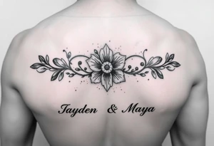 January December july birth Flower infinity sign and the names Jayden and Maya tattoo idea
