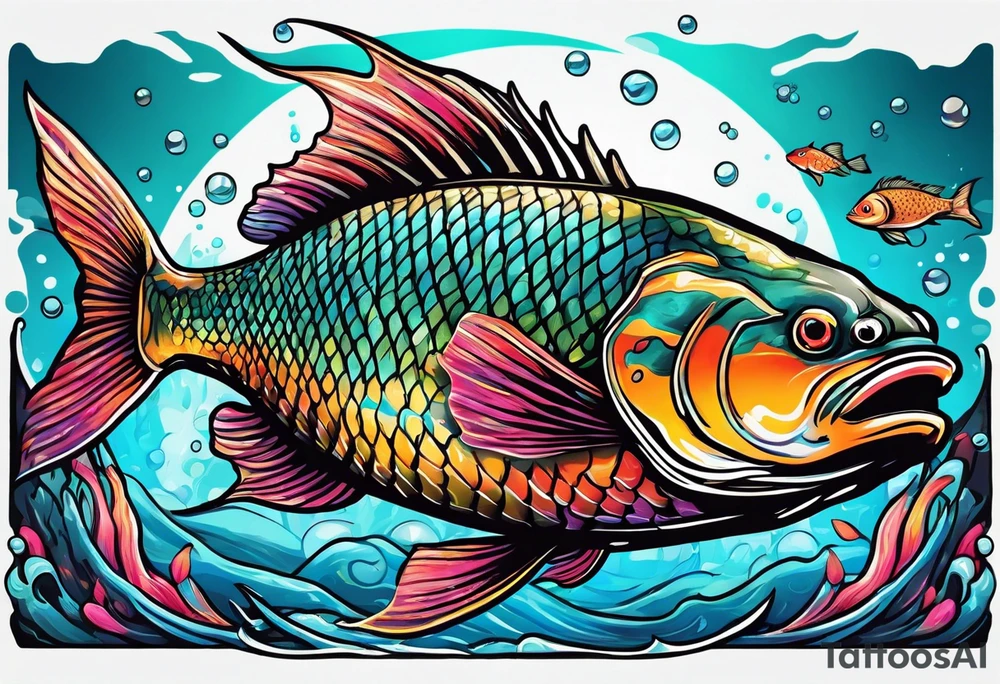 "A large aggressive looking fish riding in a tank, with vibrant colors tattoo idea