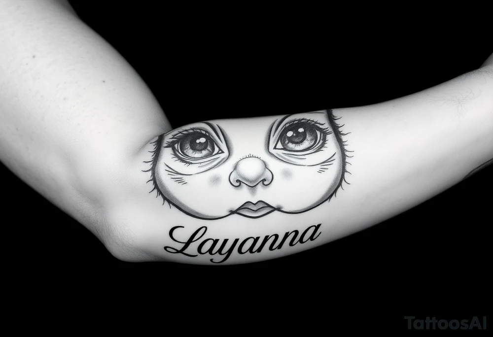 Baby girl newborn eyes with the name layanna at the bottom of it tattoo idea