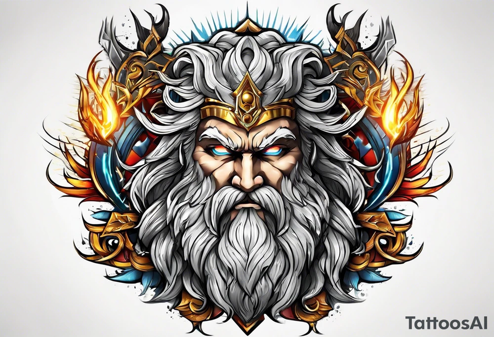 Zeus tattoo with lighting eyes, angry and holding lighting bolts tattoo idea