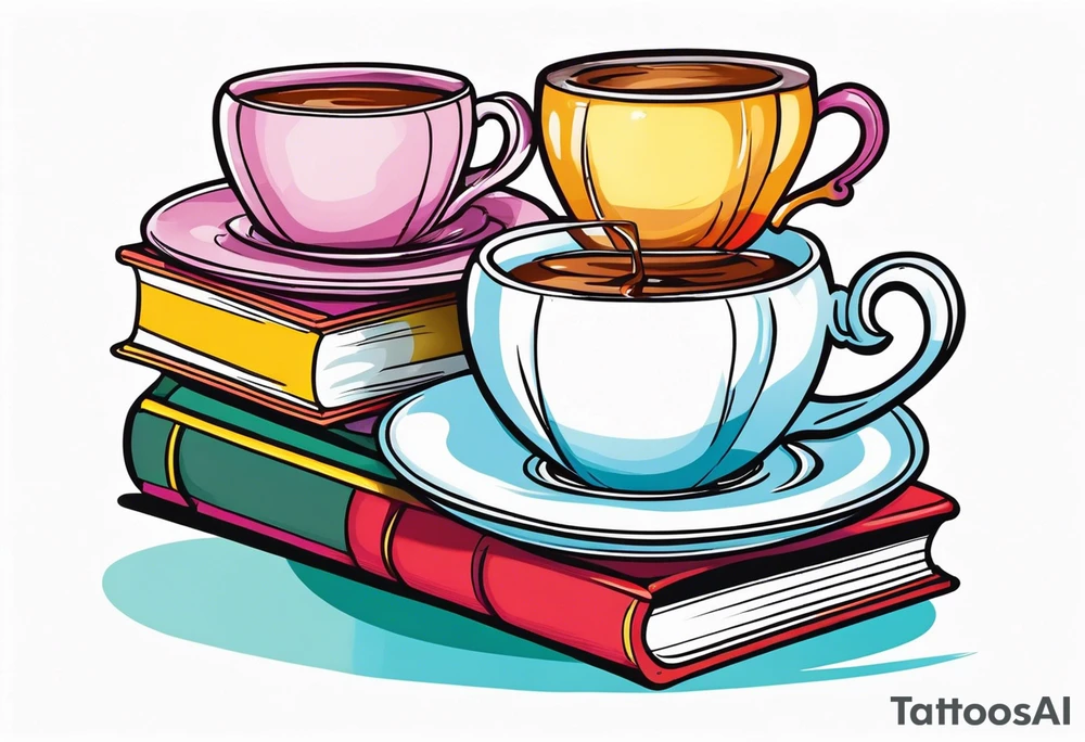 Stack of 3 books with a tea cup and saucer on top tattoo idea