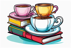 Stack of 3 books with a tea cup and saucer on top tattoo idea