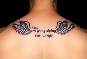 back tattoo with words saying “one day i am going to grow wings” with wings spreading tattoo idea