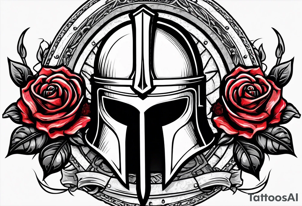 A miniature image of a Spartan helmet and a medieval sword with a rose. tattoo idea