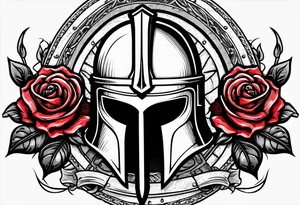 A miniature image of a Spartan helmet and a medieval sword with a rose. tattoo idea