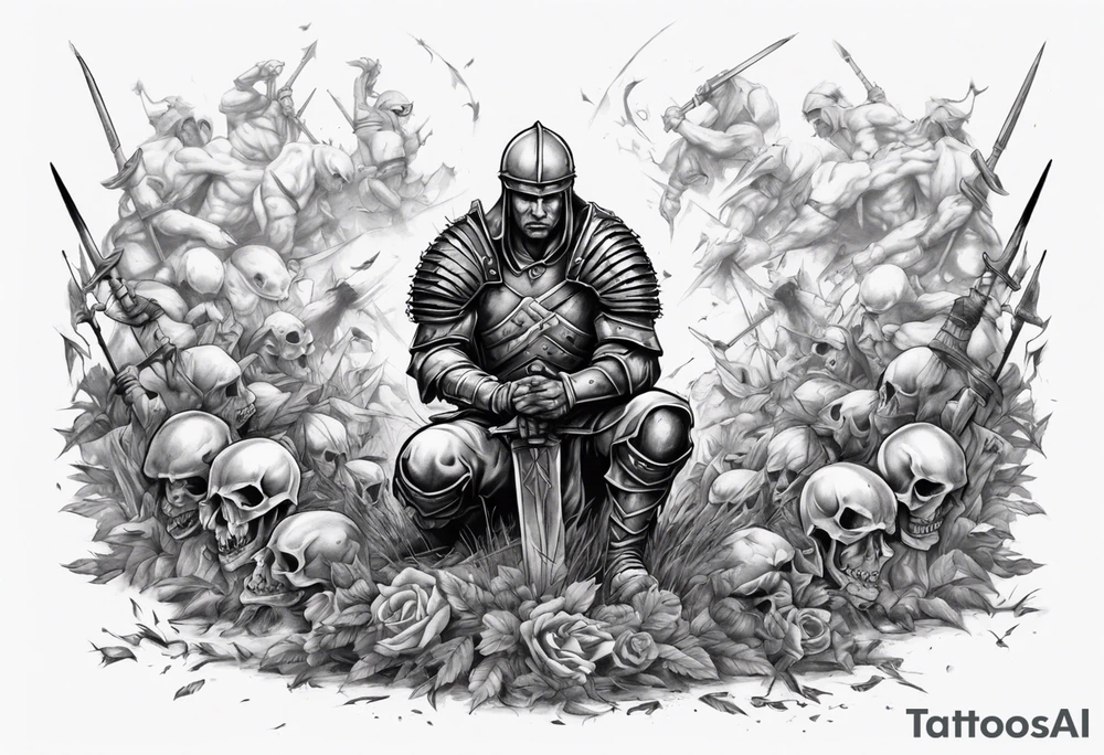 Warrior kneeling upon a field of fallen enemies tattoo idea Warrior kneeling upon a field of fallen enemies tattoo idea