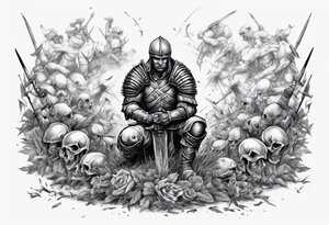 Warrior kneeling upon a field of fallen enemies tattoo idea