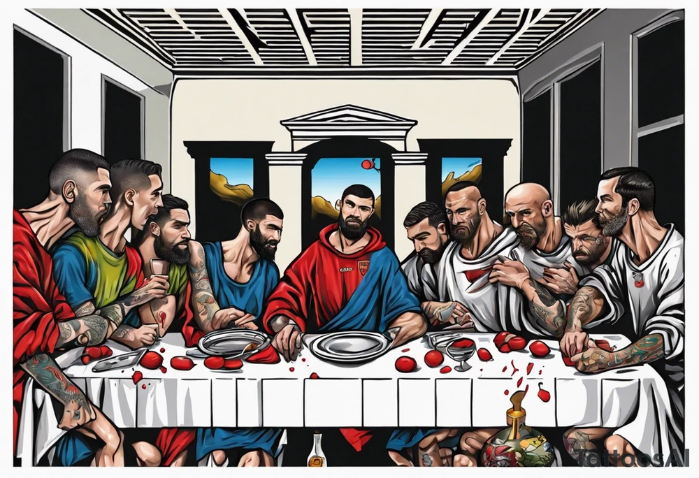 Rooney, Ronaldo, Best, Charlton, Cantona and Rashford at the Last Supper tattoo idea