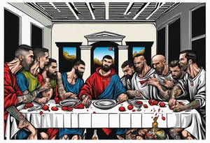 Rooney, Ronaldo, Best, Charlton, Cantona and Rashford at the Last Supper tattoo idea