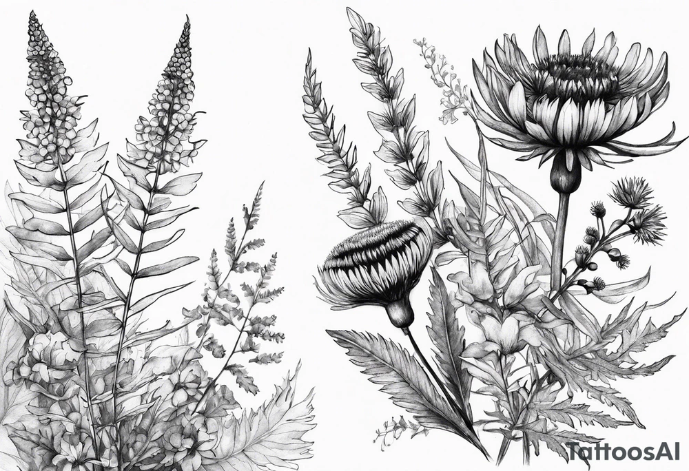 small vertical mixed wildflower bouquet with ferns, thistle and with watercolor tattoo idea