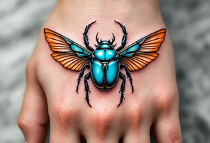A turquoise scarab beetle with outspread copper wings, representing rebirth and transformation. tattoo idea