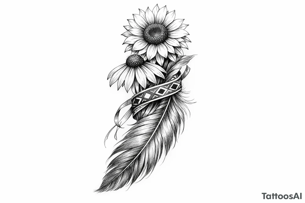 2 cascading sunflowers 1 coneflower wrapped in simple Native American ribbon on top of a feather tattoo idea