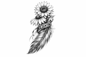2 cascading sunflowers 1 coneflower wrapped in simple Native American ribbon on top of a feather tattoo idea