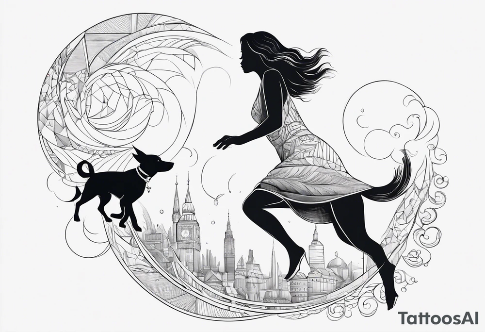 dog in the air facing woman and trying to reach her hand and woman as her back facing us tattoo idea