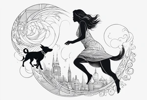 dog in the air facing woman and trying to reach her hand and woman as her back facing us tattoo idea