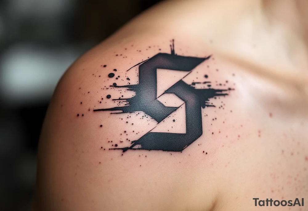 A distressed grunge-style "S" in dark gray and black with paint splatter texture. tattoo idea