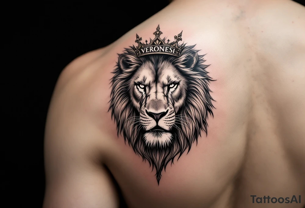 Realistic angriest lion with whole body with crown and "VERONESI" name add on it tattoo idea