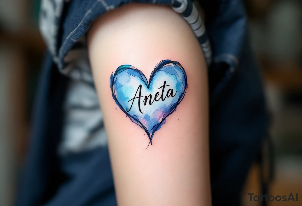 A watercolor-style heart in pastel blue with Aneta written in elegant lettering. tattoo idea