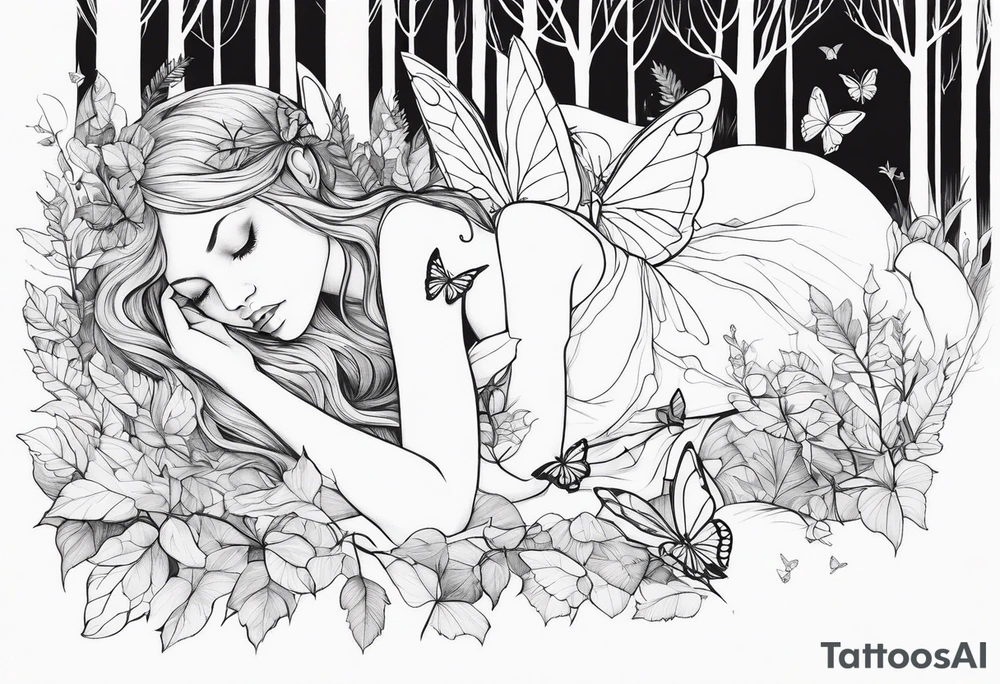 A depressed fairy laid down, flat to the ground on her front, surrounded by mystical woodland and butterflies tattoo idea