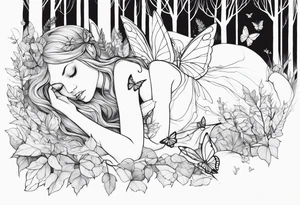 A depressed fairy laid down, flat to the ground on her front, surrounded by mystical woodland and butterflies tattoo idea