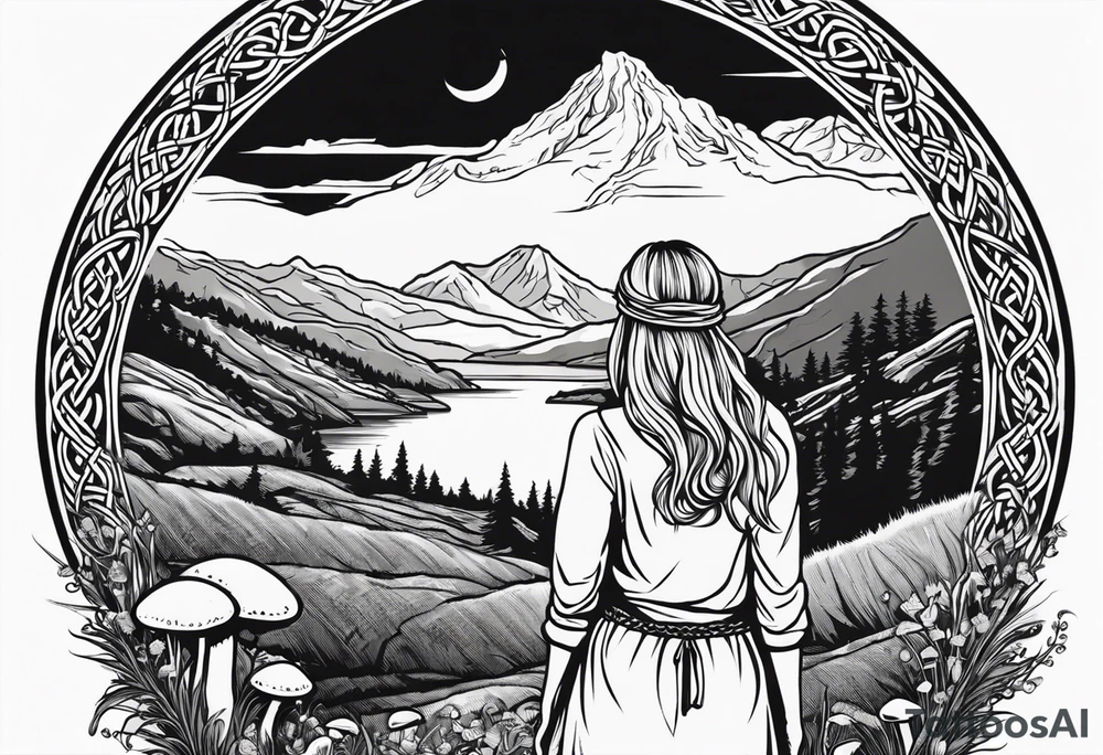 Whole picture encircled fully

Straight long blonde hair hippie girl in distance holding mushrooms in hand facing away toward mountains and creek surrounded by mushrooms long sleeve shirt and hiking pants; whole rendering within a full celtic circle border, no cut off circle tattoo idea