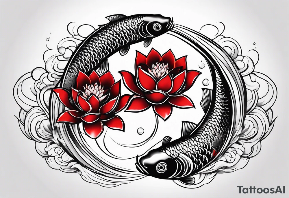 twin coi fish one red one black with waves and lotus flowers tattoo idea