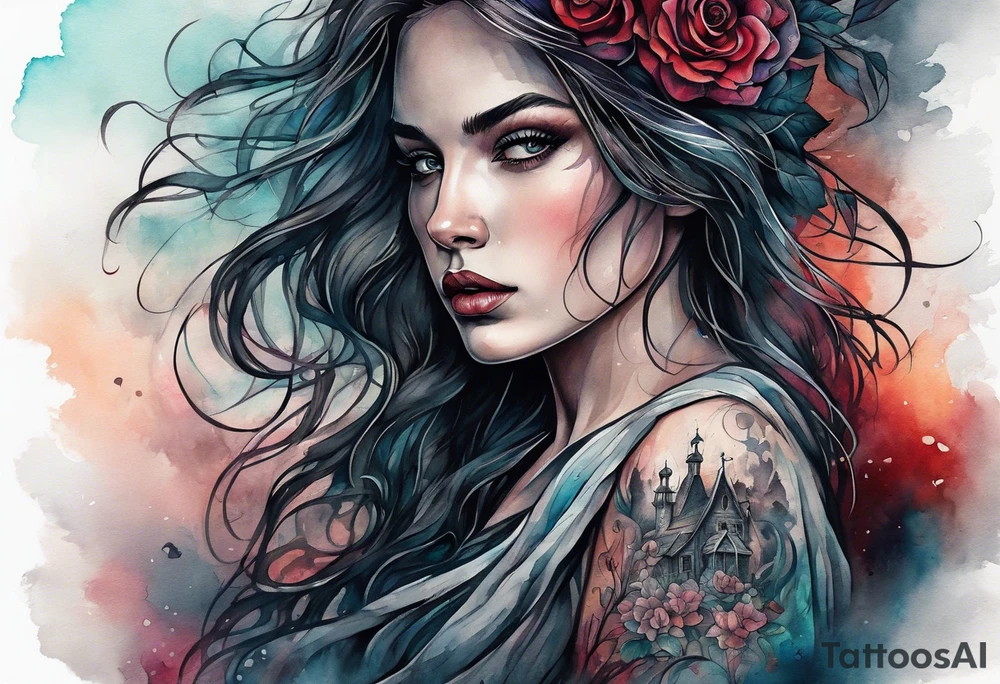 Courageous Woman with a tear running down her face walking out of a graveyard  leaving her old terrifying, scary, violent past behind her ethereal and mysterious tattoo idea