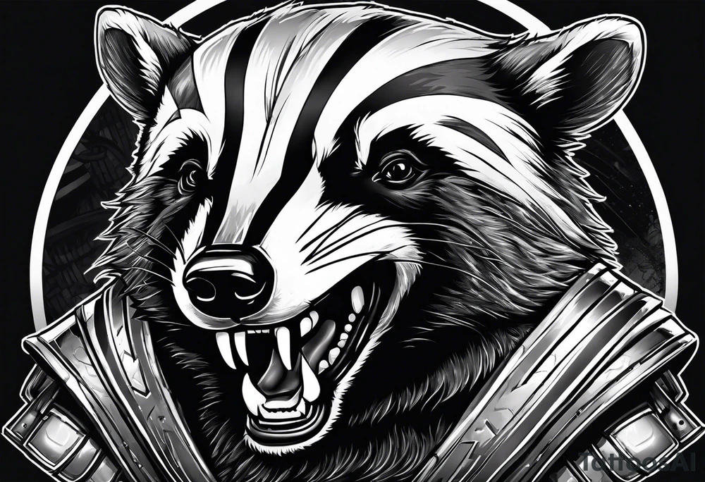 aggressive full body and killer face badger/wolverine with cute smile long nails and attacks like a gladiator tattoo idea