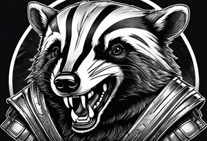 aggressive full body and killer face badger/wolverine with cute smile long nails and attacks like a gladiator tattoo idea