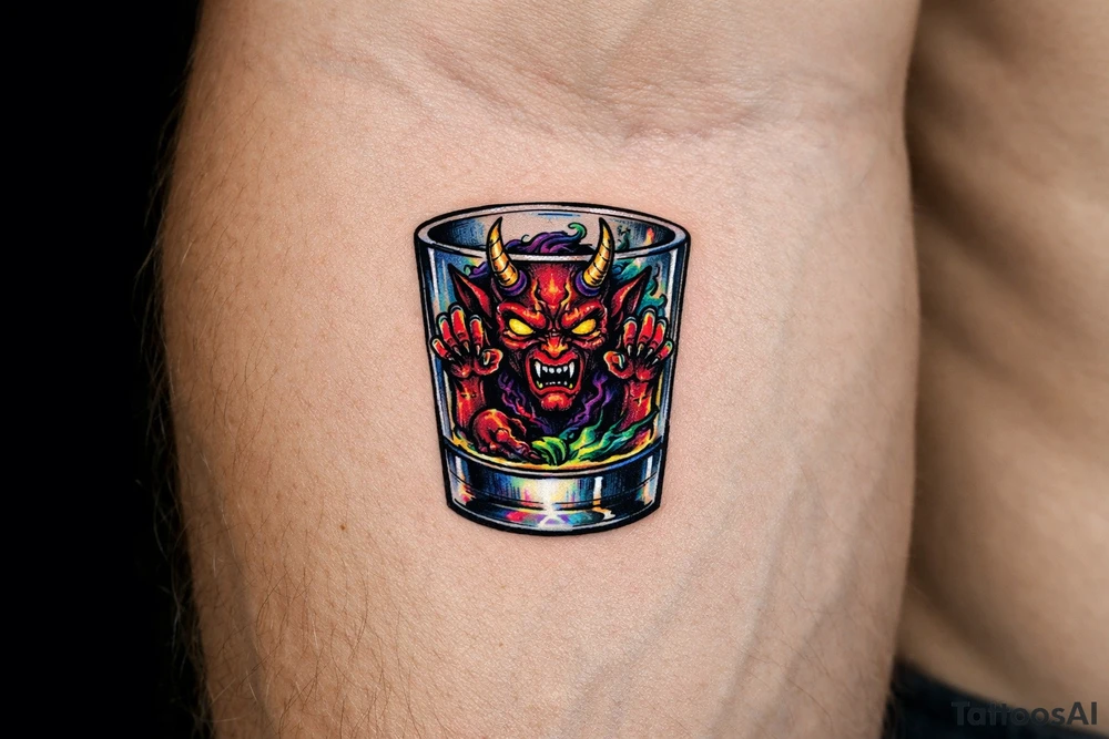 A small, detailed demon trapped within a clear shot glass. tattoo idea