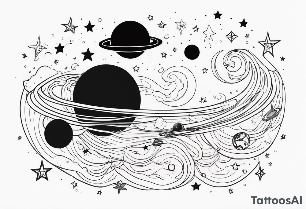 Galaxy with stars and planets in a minimalist style, with the quote, "Made for another world" tattoo idea