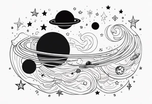 Galaxy with stars and planets in a minimalist style, with the quote, "Made for another world" tattoo idea