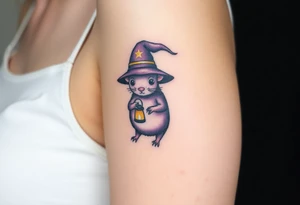 A magical mole wearing a wizard’s hat, holding a tiny glowing lantern, with deep purple and gold hues tattoo idea