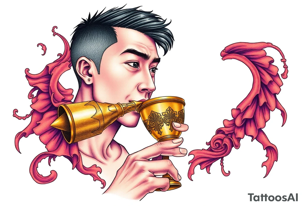 Handsome Asian young guy is drinking from medieval golden cup tattoo idea