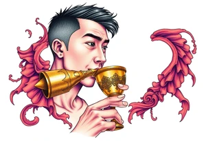 Handsome Asian young guy is drinking from medieval golden cup tattoo idea