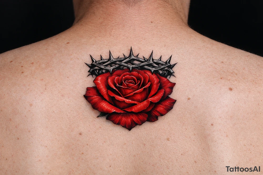 Red rose, no stem, leaves , American traditional style
Put something on top like a crown shaped thorns tattoo idea