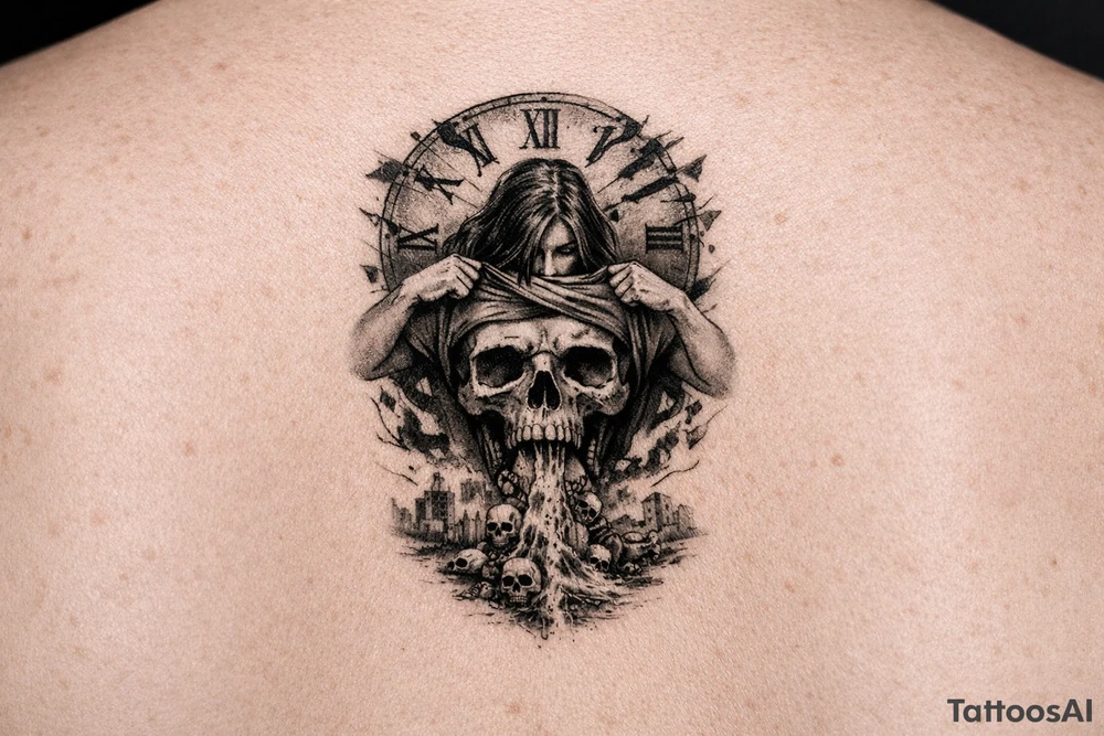 A clock being shredded apart by time with a woman pulling her shirt up to show a skull as her stomach puking death upon this world tattoo idea