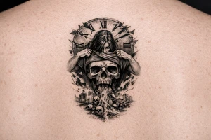 A clock being shredded apart by time with a woman pulling her shirt up to show a skull as her stomach puking death upon this world tattoo idea