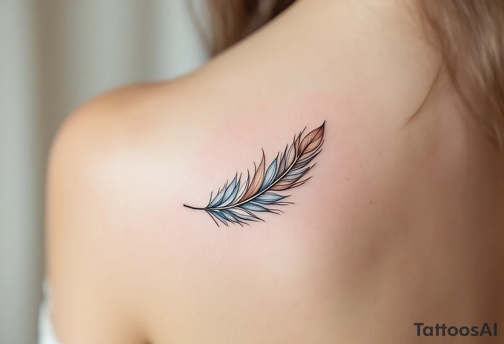 A soft, airy "D" made from layered feathers in white, soft brown, and dusty blue tones. tattoo idea