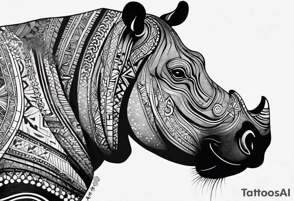 Asymmetrical, geometric, chinese ink art touch, hippo , full moon, tribal, orientation portrait tattoo idea