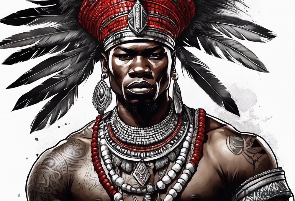 african warrior with a small silver crown and a red necklace tattoo idea