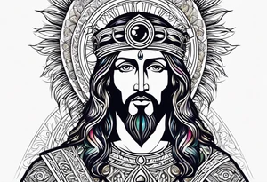 flat stern byzantine Christ with all-demanding eyes with a halo made of peacock feathers tattoo idea